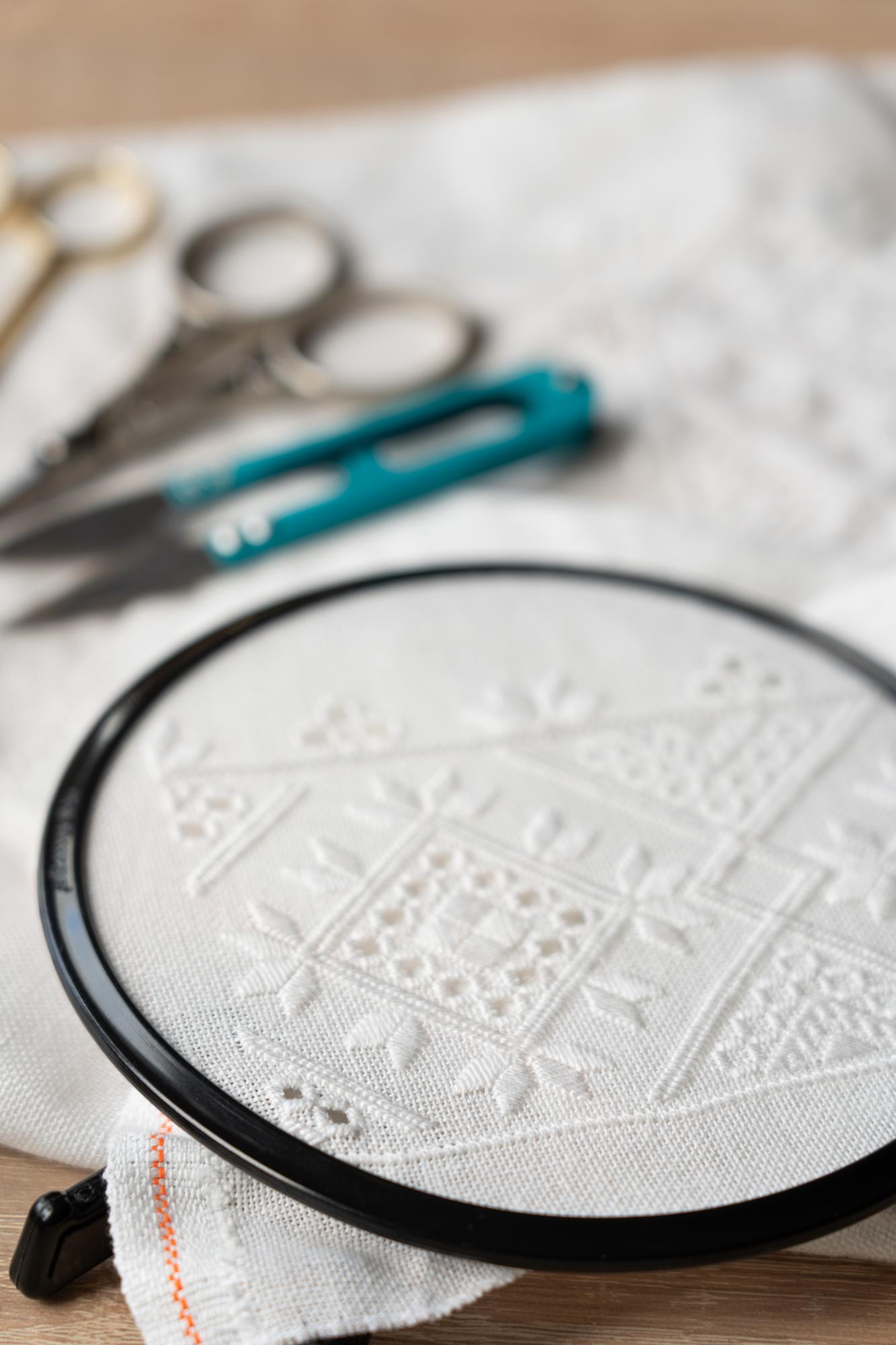 Close-up embroidered monogram on linen